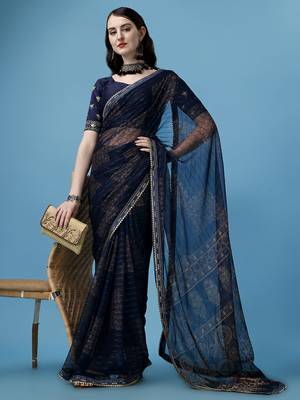 Blue Printed Silk Blend Saree With Blouse 3