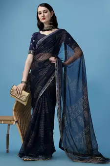 Blue Printed Silk Blend Saree With Blouse