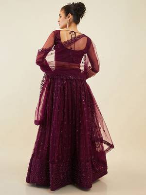 puple embroidered net lehenga set choli with dupatta  4