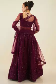 puple embroidered net lehenga set choli with dupatta 