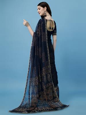 Blue Printed Silk Blend Saree With Blouse 4