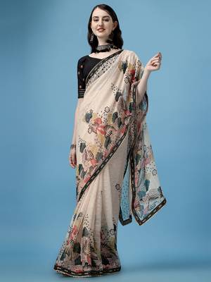 Beige Printed Silk Blend Saree With Blouse 1