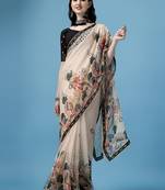 Beige Printed Silk Blend Saree With Blouse