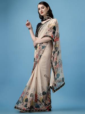 Beige Printed Silk Blend Saree With Blouse 2