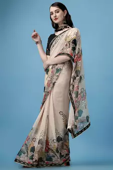 Beige Printed Silk Blend Saree With Blouse