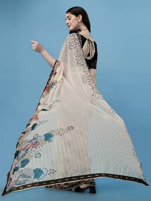 Beige Printed Silk Blend Saree With Blouse 3