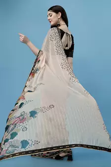 Beige Printed Silk Blend Saree With Blouse