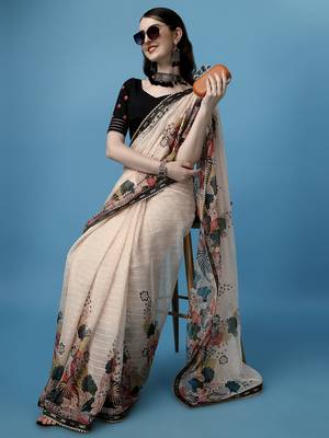 Beige Printed Silk Blend Saree With Blouse 4