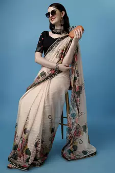 Beige Printed Silk Blend Saree With Blouse