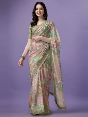 Multicolor Printed Silk Blend Saree With Blouse 1