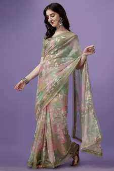Multicolor Printed Silk Blend Saree With Blouse