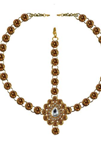 Brass Gold Platted  Golden Stone Studded  Maang Tikka Set