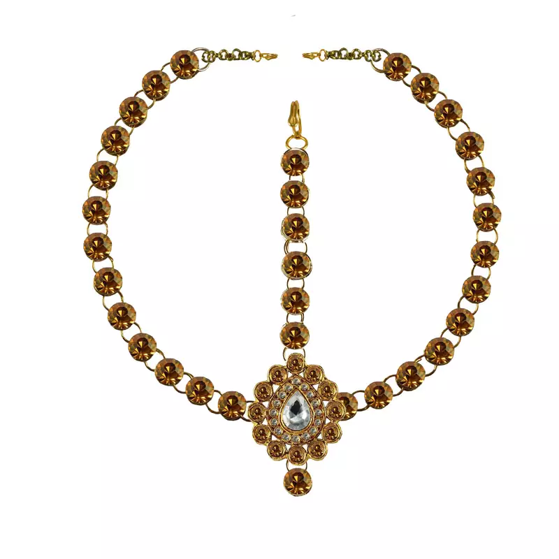 Brass Gold Platted  Golden Stone Studded  Maang Tikka Set