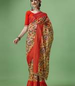 Orange Printed Cotton Silk Saree With Blouse