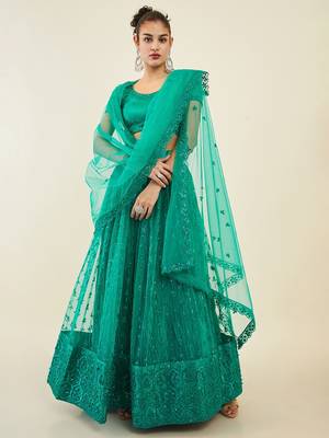 teal embroidered net lehenga set choli with dupatta  1