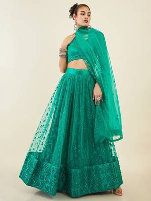 teal embroidered net lehenga set choli with dupatta  2