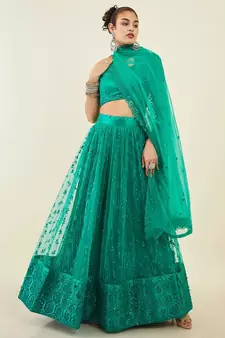 teal embroidered net lehenga set choli with dupatta 