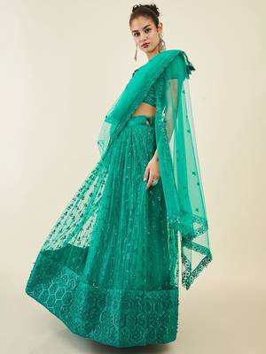 teal embroidered net lehenga set choli with dupatta  3
