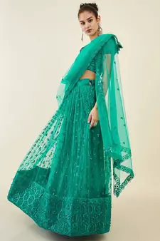 teal embroidered net lehenga set choli with dupatta 