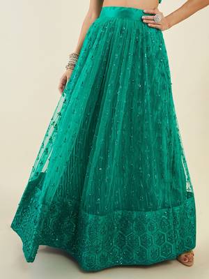 teal embroidered net lehenga set choli with dupatta  4