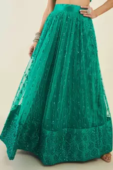 teal embroidered net lehenga set choli with dupatta 