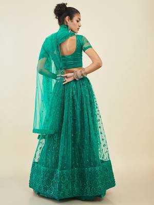 teal embroidered net lehenga set choli with dupatta  5