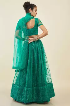 teal embroidered net lehenga set choli with dupatta 