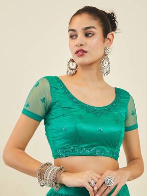 teal embroidered net lehenga set choli with dupatta  6