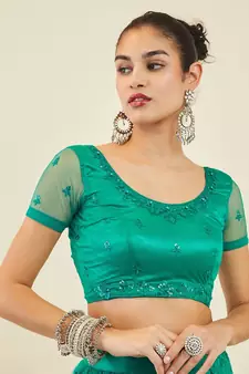 teal embroidered net lehenga set choli with dupatta 