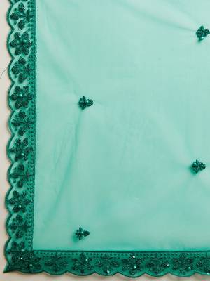 teal embroidered net lehenga set choli with dupatta  7