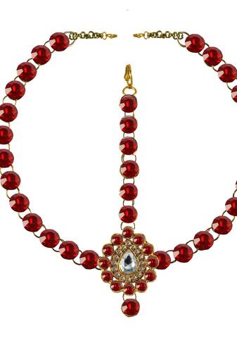 Brass Gold Platted  Red Stone Studded  Maang Tikka Set