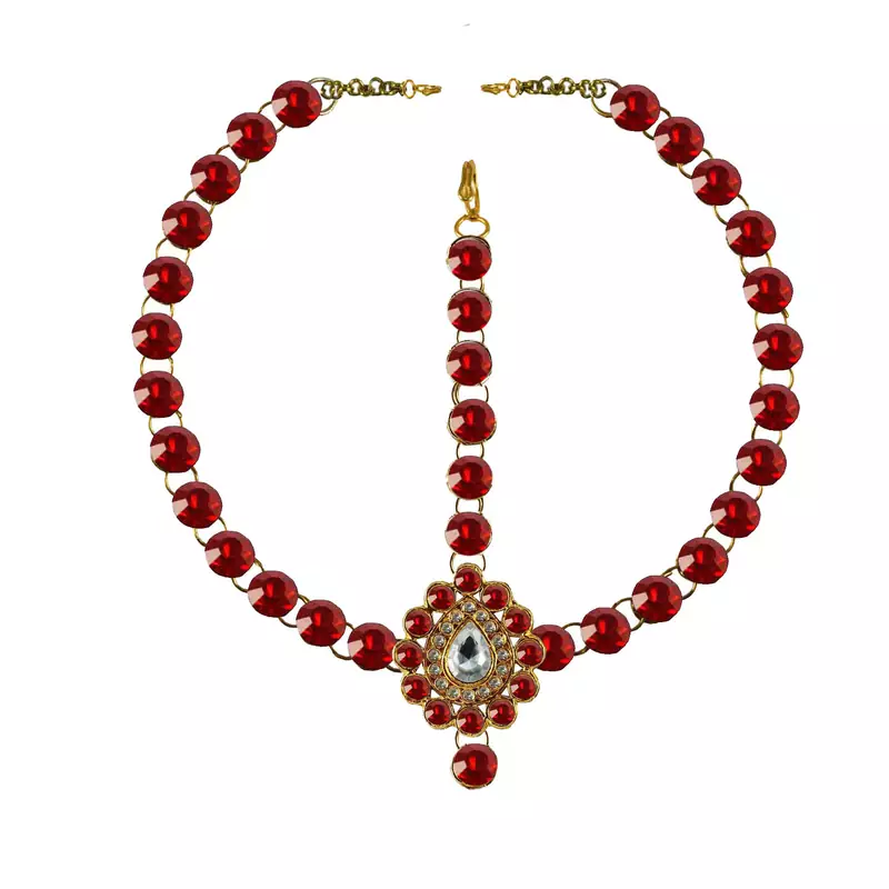 Brass Gold Platted  Red Stone Studded  Maang Tikka Set