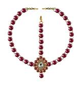 Brass Gold Platted  Pink Stone Studded  Maang Tikka Set