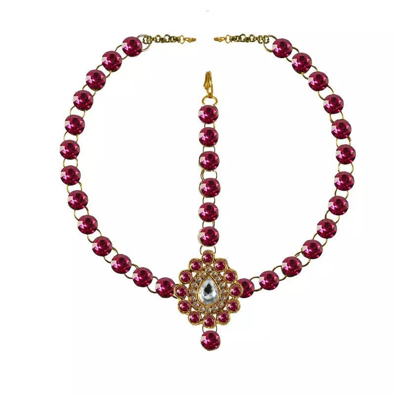 Brass Gold Platted  Pink Stone Studded  Maang Tikka Set