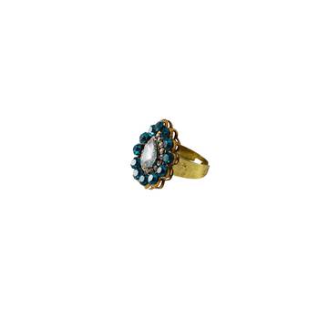 Brass Gold Platted  Blue Stone Studded  Ring With Adjustable 1