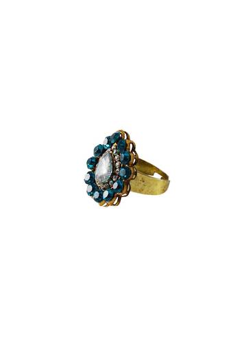 Brass Gold Platted  Blue Stone Studded  Ring With Adjustable