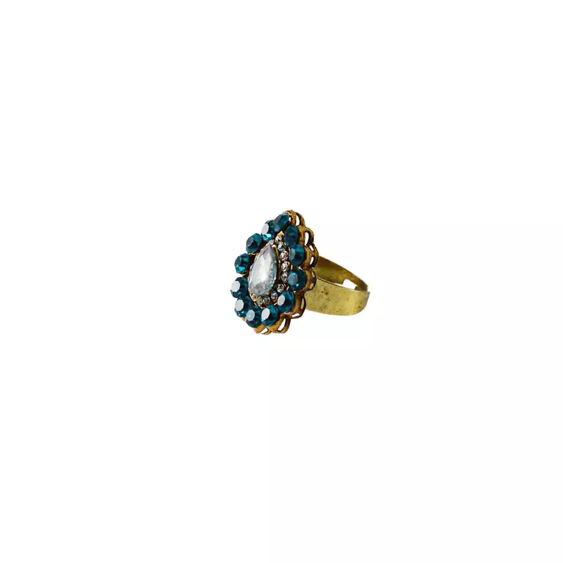 Brass Gold Platted  Blue Stone Studded  Ring With Adjustable