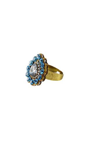 Brass Gold Platted  Blue Stone Studded  Ring With Adjustable