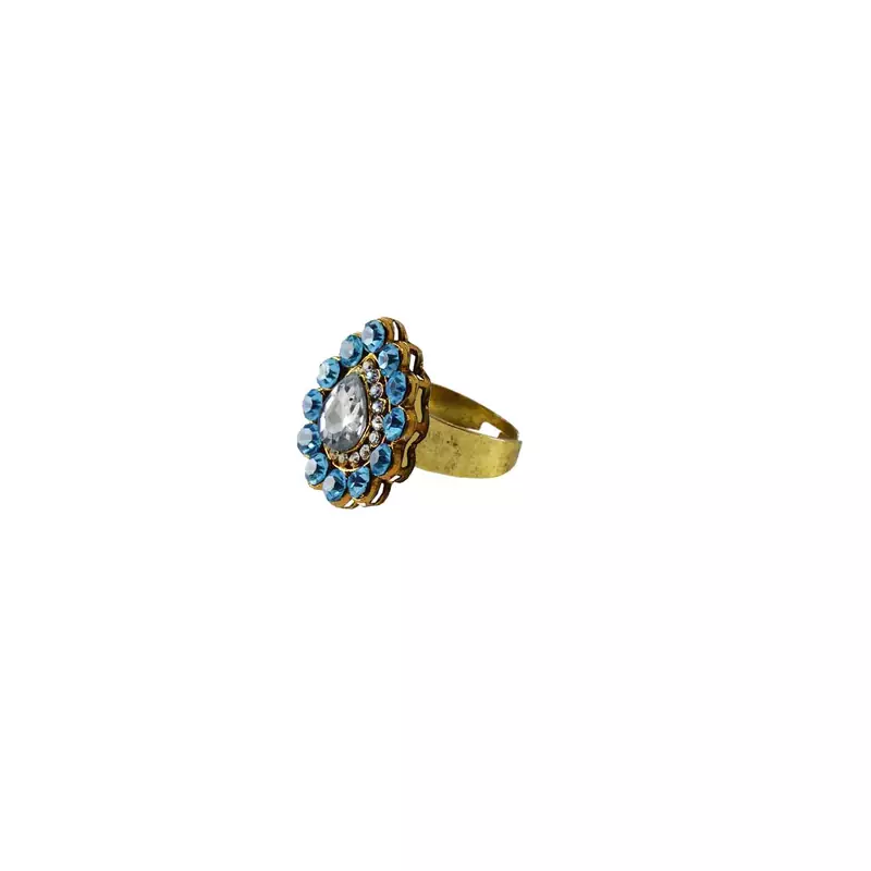Brass Gold Platted  Blue Stone Studded  Ring With Adjustable