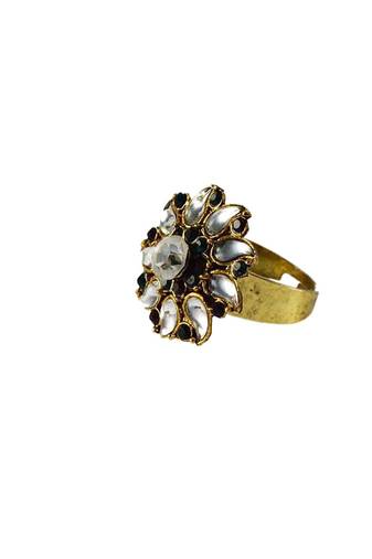 Brass Gold Platted  White Stone Studded  Ring With Adjustable