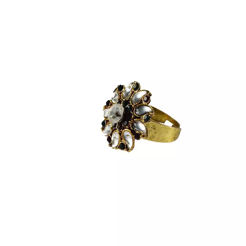 Brass Gold Platted  White Stone Studded  Ring With Adjustable