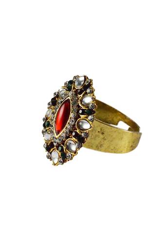 Brass Gold Platted  Multicolor Stone Studded  Ring With Adjustable