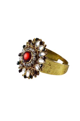 Brass Gold Platted  Multicolor Stone Studded  Ring With Adjustable