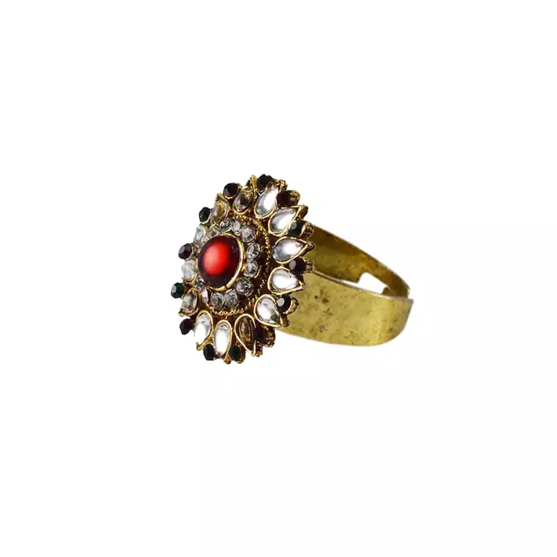 Brass Gold Platted  Multicolor Stone Studded  Ring With Adjustable