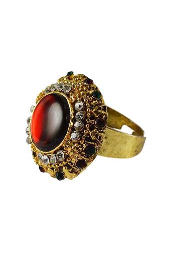 Brass Gold Platted  Multicolor Stone Studded  Ring With Adjustable