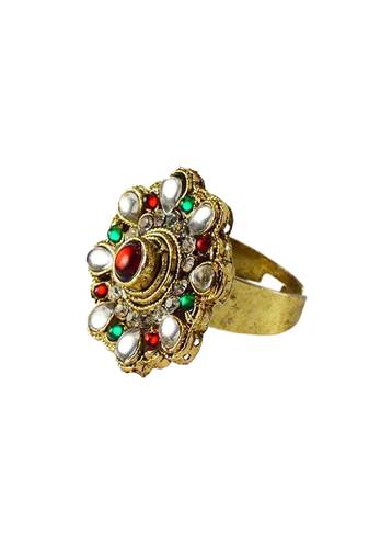 Brass Gold Platted  Multicolor Stone Studded  Ring With Adjustable