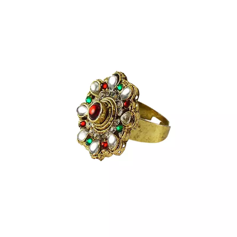 Brass Gold Platted  Multicolor Stone Studded  Ring With Adjustable