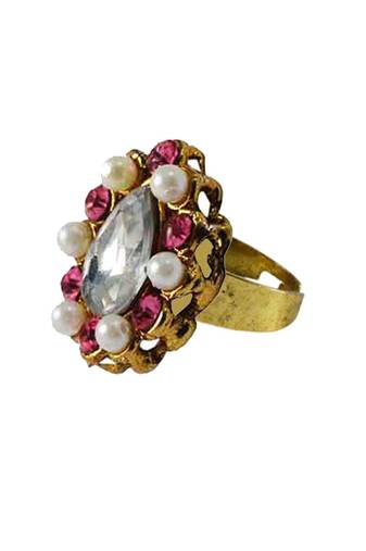 Brass Gold Platted  Multicolor Stone Studded  Ring With Adjustable
