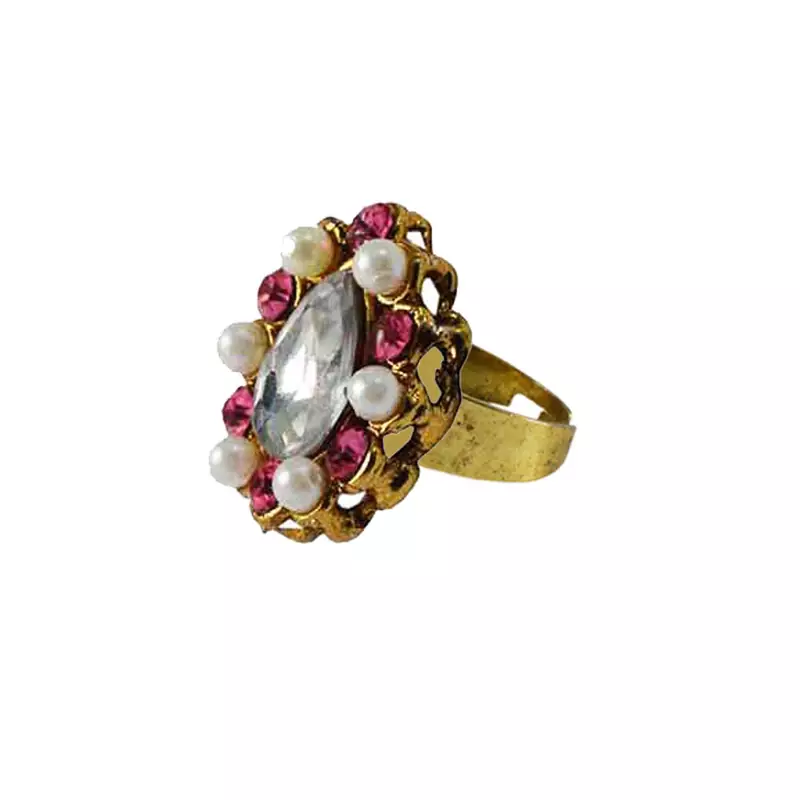 Brass Gold Platted  Multicolor Stone Studded  Ring With Adjustable