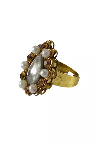 Brass Gold Platted  Multicolor Stone Studded  Ring With Adjustable